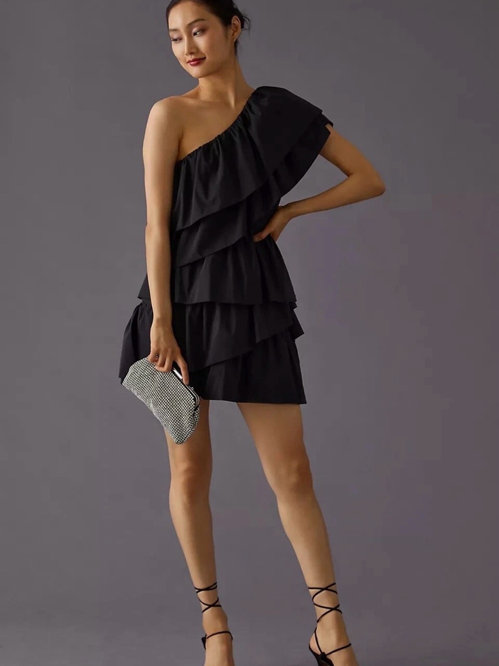 Endless Rose Black One-Shoulder Tiered Ruffle Mini Dress